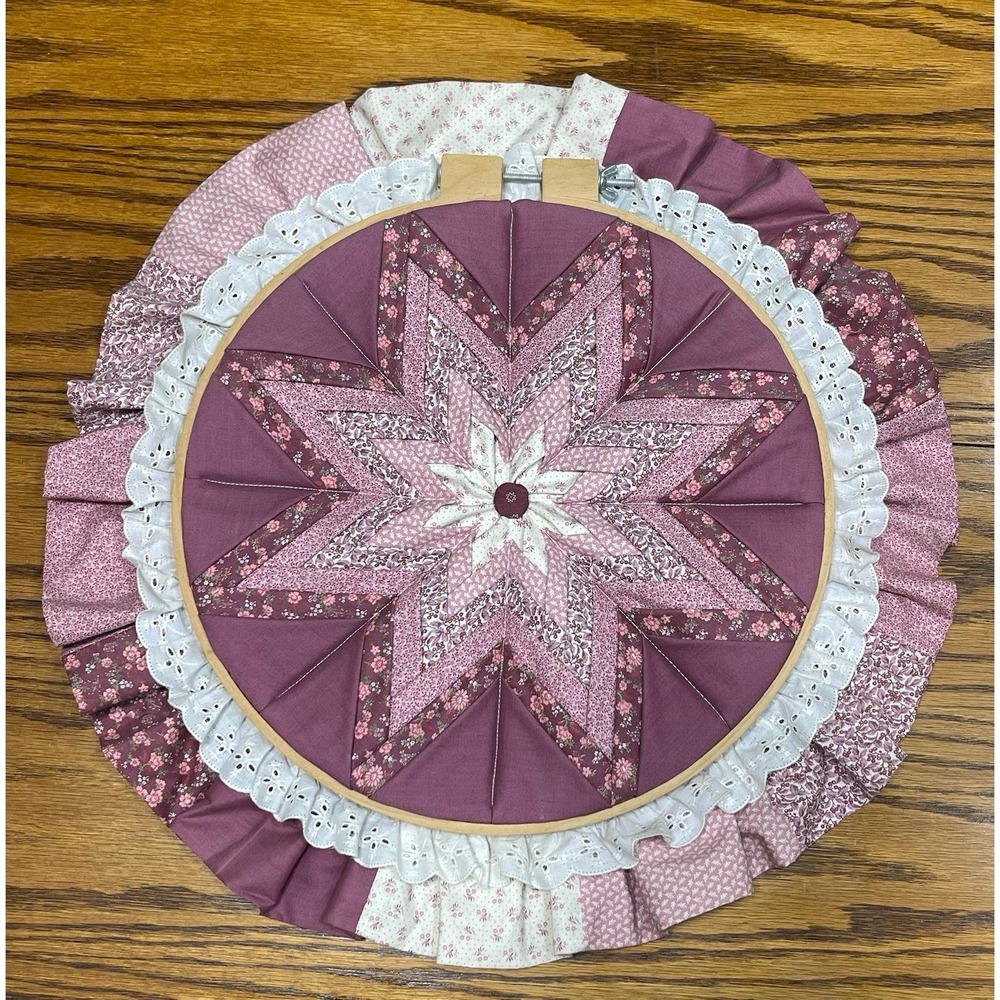 Handcrafted Quilted Fabric Wall Hanging Embroidery Hoop Lace Trim Cottage 20"